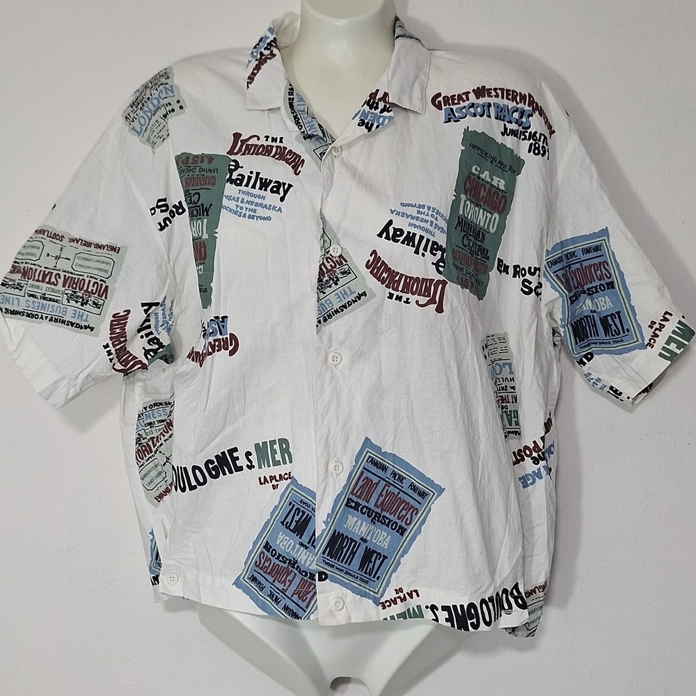 Vintage White Graphic Railroad Casual Button Down Shirt